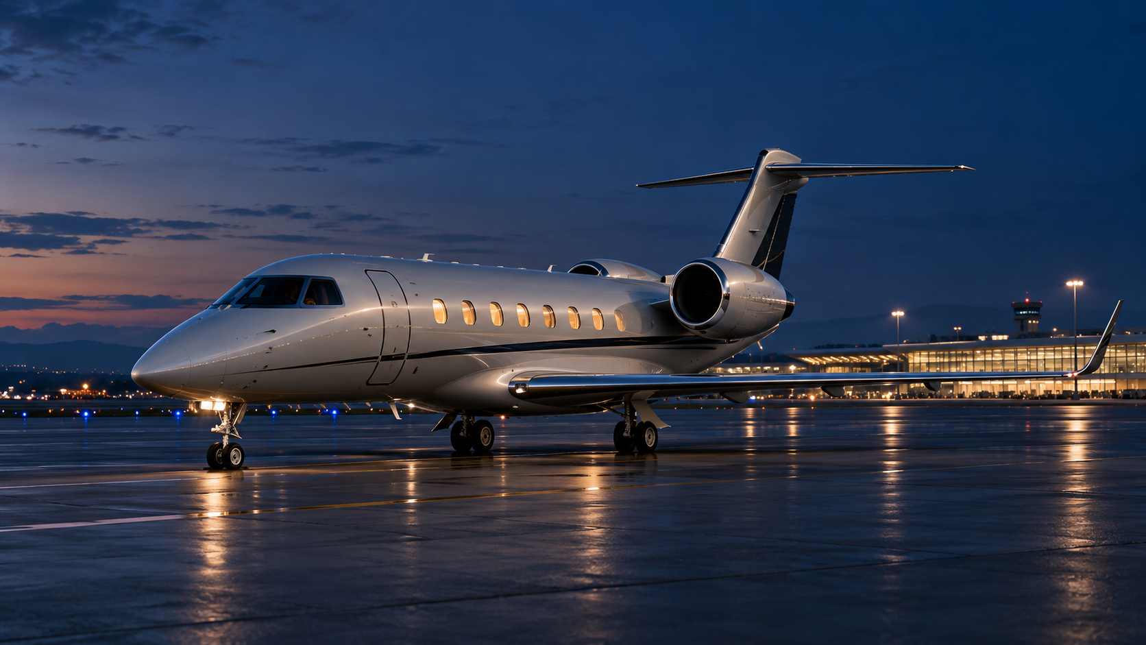 Private business jet on an airport apron at blue hour